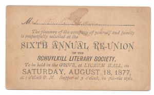 UX5 Postal Card 1877 Schulykill LIterary Society PA Manuscript Pen Cancel