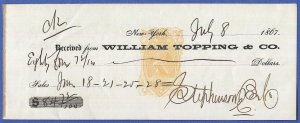 US 1867 Check Sc RN-B1a, William Topping & Co., NY, VF Printed on Both Sides