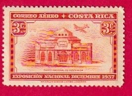 COSTA RICA SCOTT#C36 1938 3c NATIONAL BASNK BUILDING/PLANE - MH