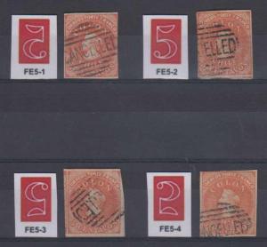 CHILE 1865 COLUMBUS Sc 14 FOUR SINGLES WATERMARK FE5-1 thru FE5-4 CANCELLED 