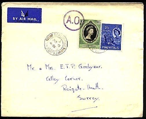 MAURITIUS 1953 cover FLOREAL to UK, airmail - scarce AO marking............70956