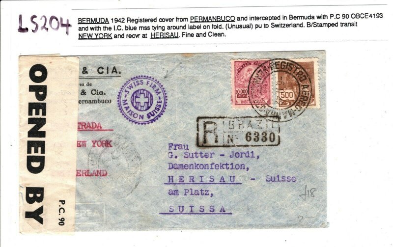 BRAZIL WW2 Cover Permanbuco Intercepted BERMUDA CENSOR Switzerland 1942 LS204