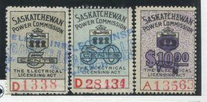 1937 Saskatchewan Power Commission stamps 5 cents, 50 cents and $10 used