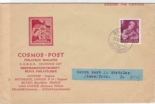 Liechtenstein 1952 cosmos post Schaan  stamps cover  R20516