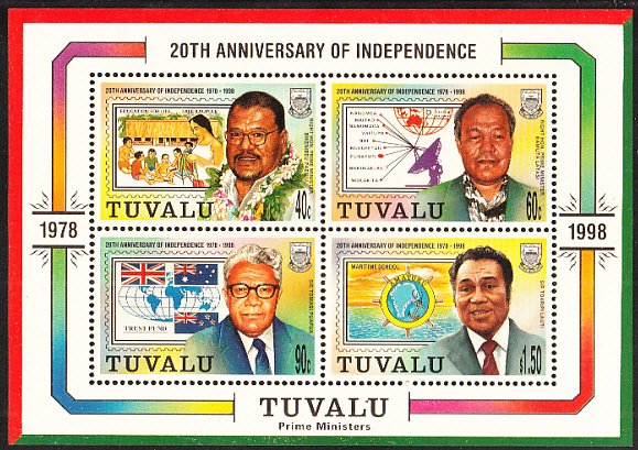 Tuvalu 1998 MNH Sc #788a Sheet of 4 Prime Ministers - 20th Ann Independence