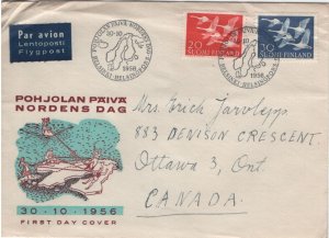 Finland 1956 FDC Sc 343-344 Whooper swans Airmail to Canada