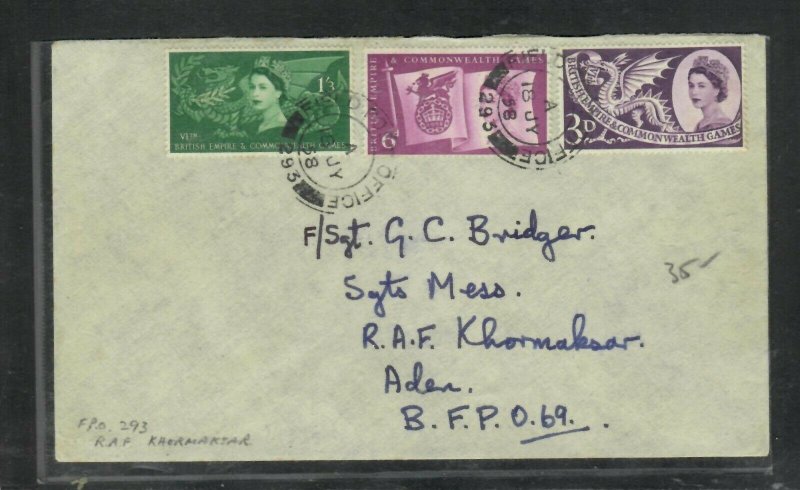 ADEN COVER (P0206B) 1958 FPO 293 GB GAMES USED IN KHORMAKSAR TO ADEN 