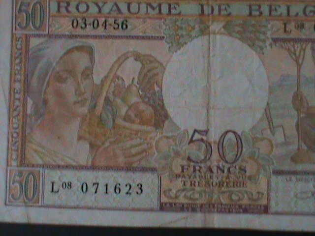 ​BELGIUM-1956- KONINKRIJK-BELGIUM-50-FRANCS-LT..CIRULATED NOTE-VF-68 YEARS OLD