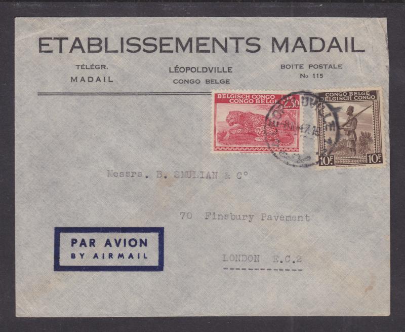 Belgian Congo Sc 205, 219 on 1947 Air Mail cover Leopoldville to London, F-VF