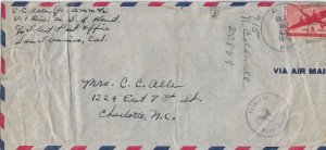 1942 USS Hornet to Charlotte, NC Airmail Censored (stamp damaged, cut) (N8073)