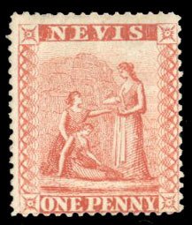 Nevis #9 Cat$67.50, 1867 1p red, unused without gum