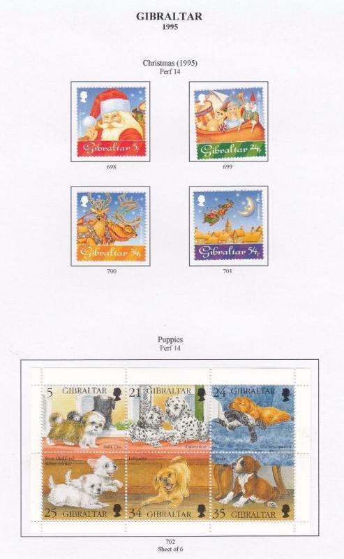 GIBRALTAR # 698-702 VF-MLH CHRISTMAS AND PUPPIES S/SHEET 1995