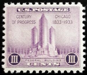 1933 3c Chicago, Federal Building Scott 729 Mint F/VF NH