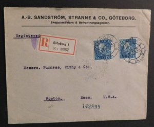 1924 Cover Gothenburg Sweden to Boston Massachusetts USA Registered Mail