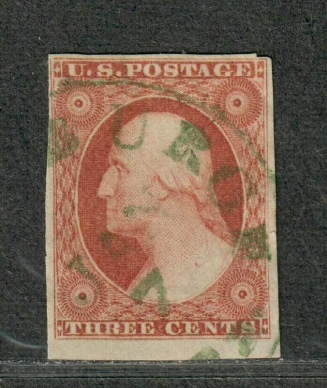 US Sc#11 Used/EF, Jumbo Green Cancel Tiny 3/4mm Tear Right Margin