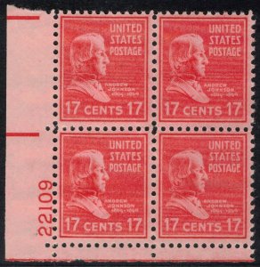 US 1938 17c Johnson Plate Block; Scott 822; MNH