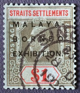 MALAYA-BORNEO EXHIBITION MBE opt STRAITS KGV $1 USED MSCA SG#255 M5332