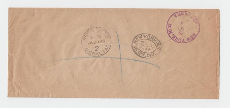 GIBRALTAR 1949 OHMS REG COVER TO VERIFICATION NOTE FOR NEW YORK(SEE BELOW)