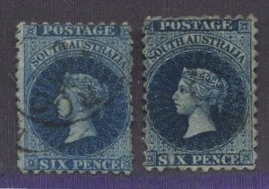 South Australia QV 1867 6d, 2 different shades used 