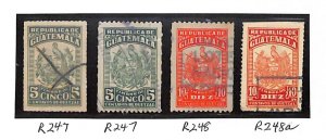 GUATEMALA R247 // R248a GROUP OF 4 REVENUE FISCAL STAMPS USED (1943-1944)