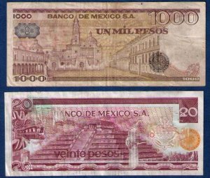 Banknotes 1972 & 1978 Mexico El Banco De Mexico (2) Banknotes Circulated Used