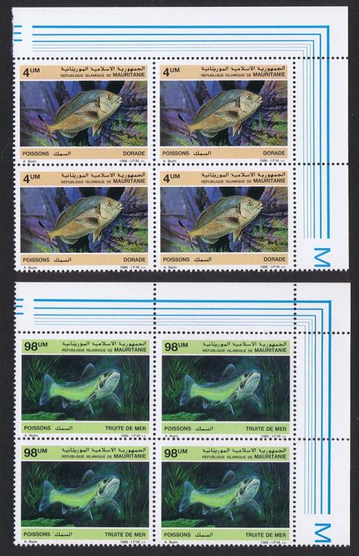 Mauritania Fish 2v issue 1986 Top Right Corner Blocks of 4 SG#874+877 SC#614-615