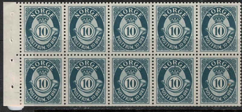 Norway SC 307a Booklet Pane of 10 MNH/Mint 8 MNH 1950-1951 SCV$ 250.00