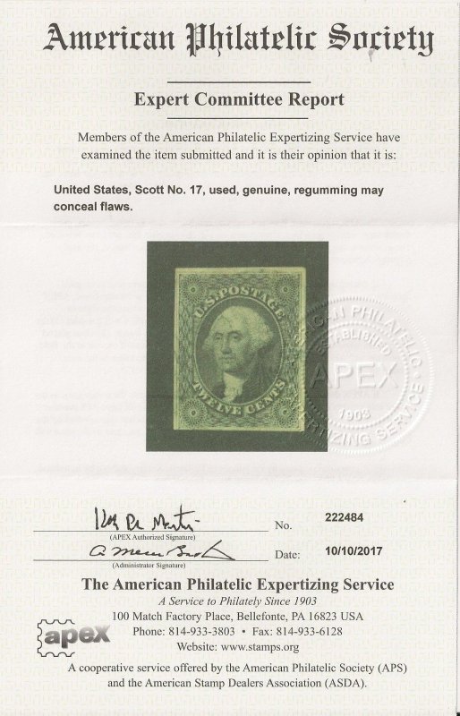 US #17 USED 12 Cent Washington 1851  with APEX Cert