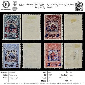 4557: Lebanon SG T338  - T341 Army Tax. 1948. Sc# RA4 Mi Z3 Used. C£18