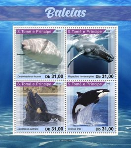 St Thomas - 2021 Whales, Beluga, Orca - 4 Stamp Sheet - ST210103a