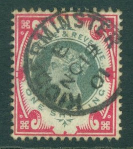 SG 214 1/- green & carmine. Very fine used with Kidderminster CDS, Nov 19th... 