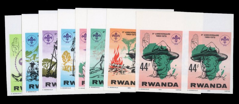 Rwanda #849-856, 1978 Boy Scouts, complete set in imperf. pairs, unused witho...