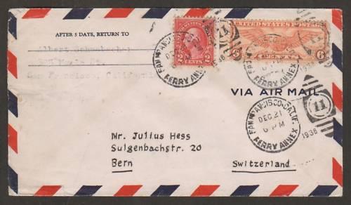 US Sc 634, C17 on 1938 Air Mail cover San Francisco to Bern, Switzerland