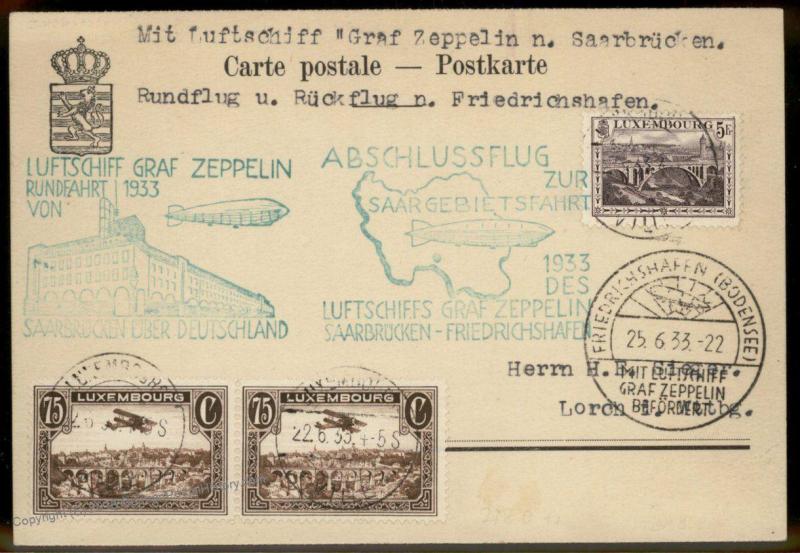 Luxemburg 1933 Zeppelin Saar DOUBLE CACHET Flight Si218D Cover 91371