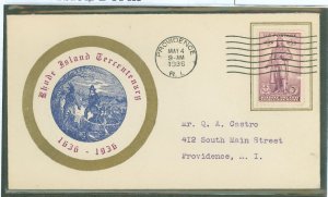 US 777 1936 3c Rhode Island Tercentennary (Roger Williams) on an addressed (typed) FDC with an unknown cachet; stamp has a tiny