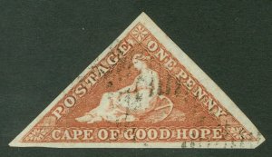 SG 5 Cape of good hope 1855-58. 1d brick red/cream toned paper. Very fine used..