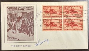 894 Grandy cachet Pony Express FDC 1940 w/Block of 4 Autographed by WM Grandy