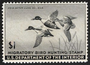 US Sc RW12 Black $1.00 1945 Hunting Permit Duck Light Hinge Original Pristine Gu