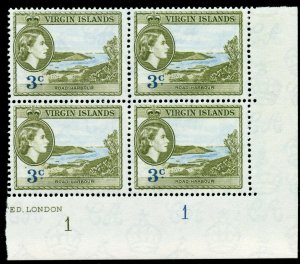 British Virgin Is 1956 QEII 3c blue & deep olive Plate block superb MNH. SG 152.