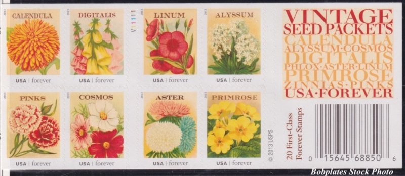 BOBPLATES #4754-63 Vintage Seed Packets Booklet Pane of 20 VF NH SCV=$50