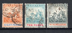 Barbados 1892-1903 8d, 10d and 2s 6d Seal of Colony SG 112-14 FU