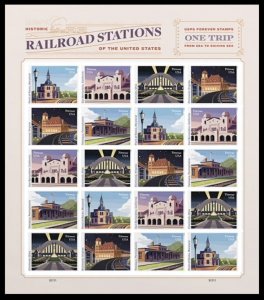 US Railroad Stations NDC/Imperf Mint Sheet of 20 stamps MNH Ships 16 Mar 2023
