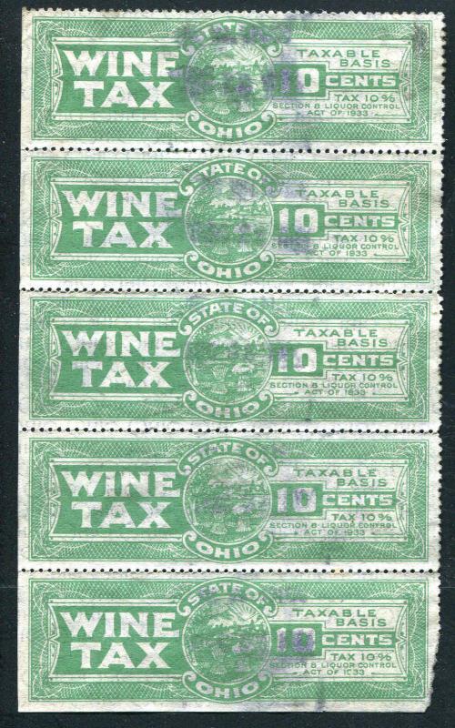 State of Ohio Wine Tax 10¢ Act of 1933 Strip of 5 Used