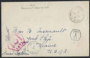 UK GB US 1916 FIELD POST 5 WWI CENSORED W/T POSTAGE DUE 4 CENT IN NEW YORK BRITI