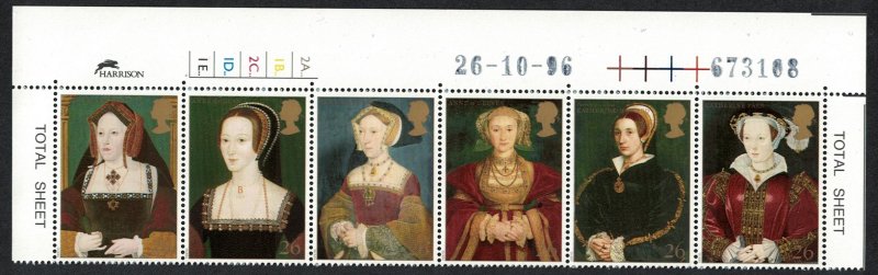 Great Britain King Henry VIII - his 6 Wives 6v Top Strip Control SG#1965-1971