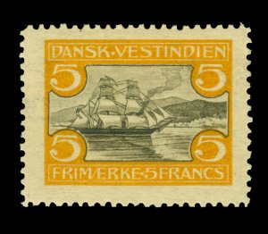 DANISH WEST INDIES 1905 Harbor & Tall Ship 5fr yellow & brown Sc# 39 mint MNH VF
