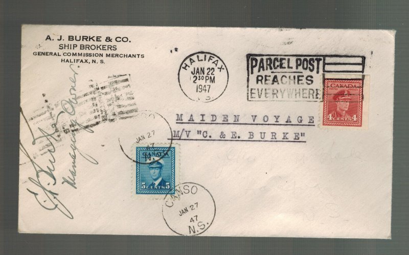 1947 Halifax Canada Cover Ship MS C&E Burke Mail boat Maiden Voyage