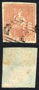 Barbados SG5 (4d) Brownish Red Four Margins (THIN) Cat 275 pounds