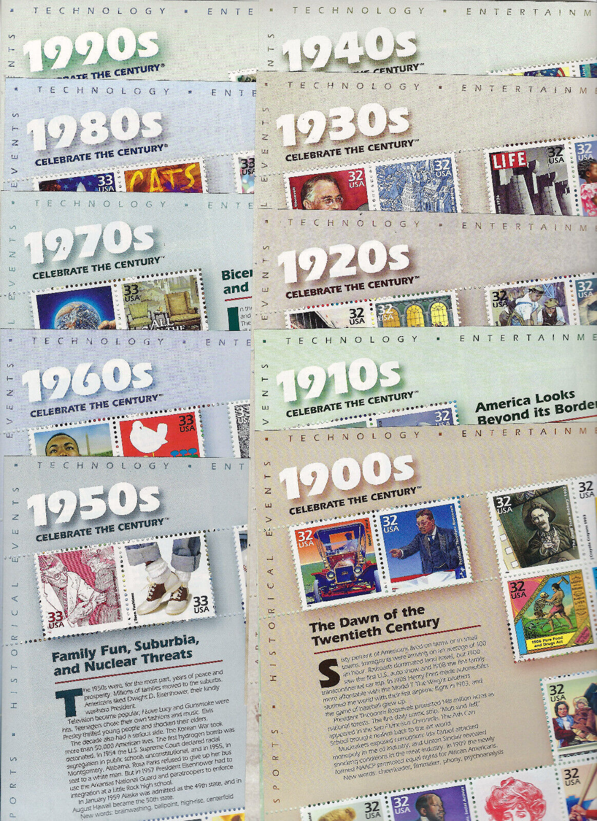 US # 3182-3191 Celebrate the Century 1900s-90s Full Set 10 Sheets MNH |  United States, General Issue Stamp