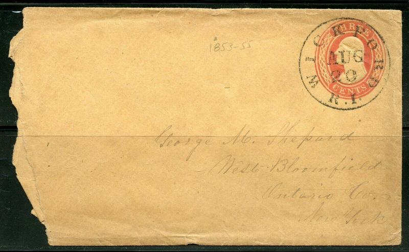 US WICKFORD, RI 8/20/CA1853-55 3-C STATIONERY ENVELOPE TO W. BLOOMFIELD AS SHOWN